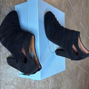 Earthies Black Heeled Boots with Textured Upper and Unique Shape